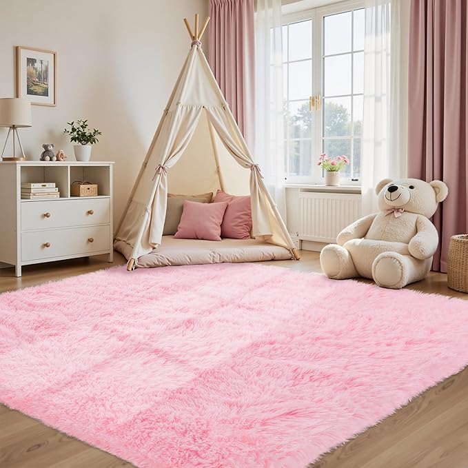 Fluffy Pink Area Rug for Bedroom Living Room Soft 5x7 Fuzzy Washable Rugs Non-Shedding Indoor Plush Rug for Nursery Kids Room Dorm Room Home Decor, High Pile Shaggy Floor Carpets(Pink 5'x7')