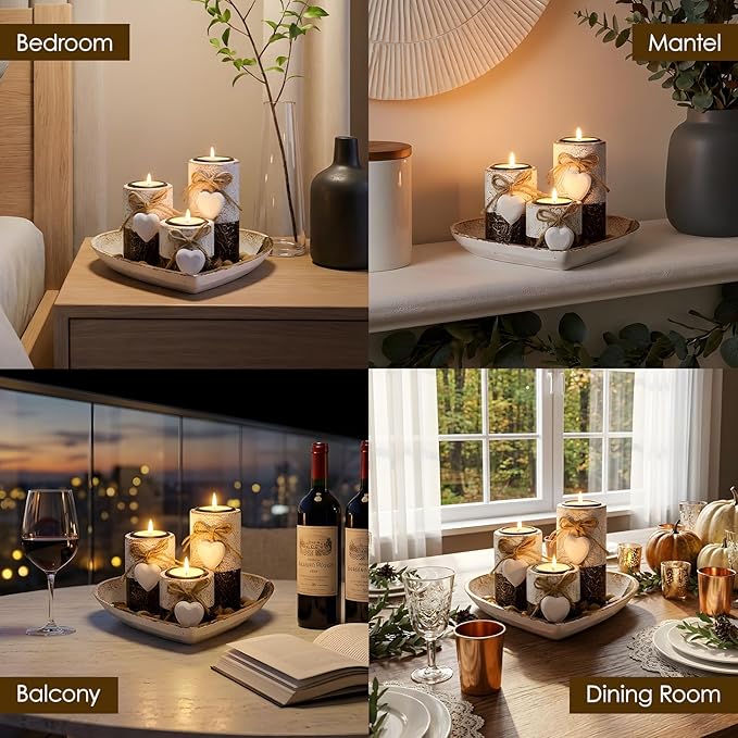 Farmhouse Candle Holders 3 Pack Rustic Wooden Pillar Candle Holder with Heart Tray and Stones Tealight Candles Holders Farmhouse Centerpiece for Coffee Table Mothers Day Valentines Home Decor