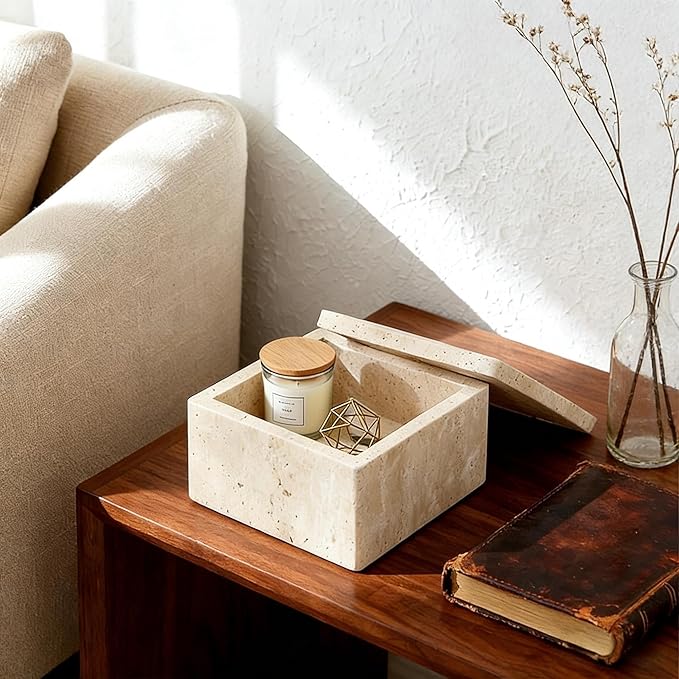 Natural Marble Storage Square Containers Cotton Swab Holder, Organizers with Lids,Travertine Stone Box for Qtips, Makeup, Bathroom Essentials & Home Storage (square box)