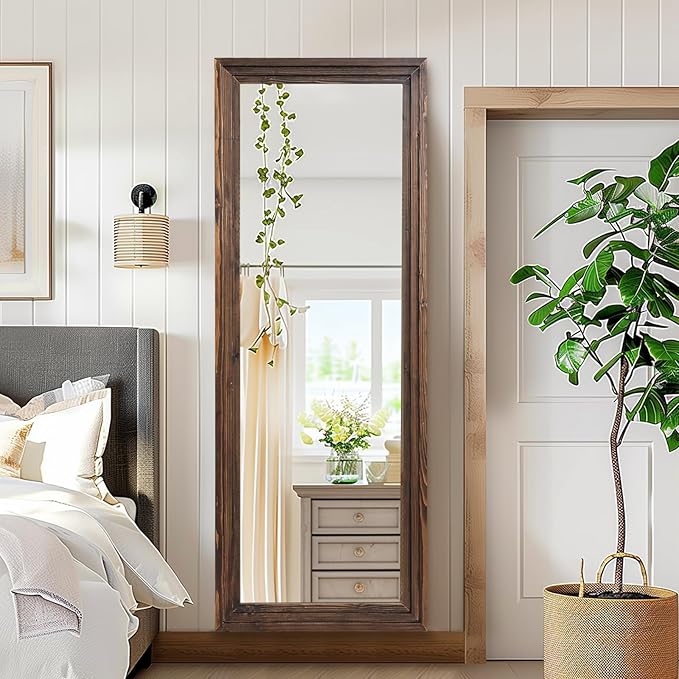 65"x22" Full Length Mirror Solid Wood Frame Floor Mirror with Stand for Living Room, Bedroom Hanging Standing or Leaning, Brown