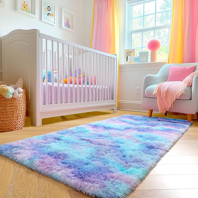 Amdrebio Purple Rainbow 2x6 Runner Area Rugs for Bedroom Girls Room Decor, Colorful Bedside Mermaid Stitch Frozen Kids Rugs for Playroom Nursery Dorm, Fluffy Furry Cute Kawaii Carpet for Baby Toddler