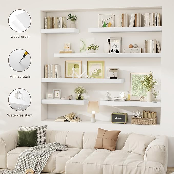 Acovy 40 Inch Floating Shelves, 12" Deep Floating Shelf Wall Mounted, 40" Wall Shelves, Rustic Deep Bookshelf, Extra Deeper & Thicker Display Shelves for Bedroom, Living Room, White, Set of 2