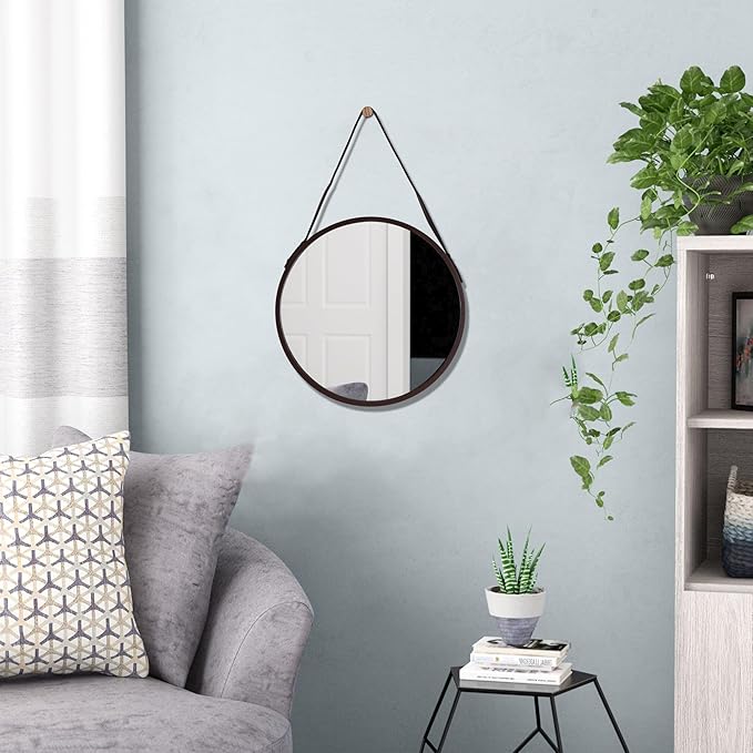 Brown Round Hanging Mirror, 11.8 Inch Farmhouse Mirror with Leather Hanging Rope for Bathroom, Bedroom, Living Room, Entryway Home Decor. (Brown, S-11.8in)