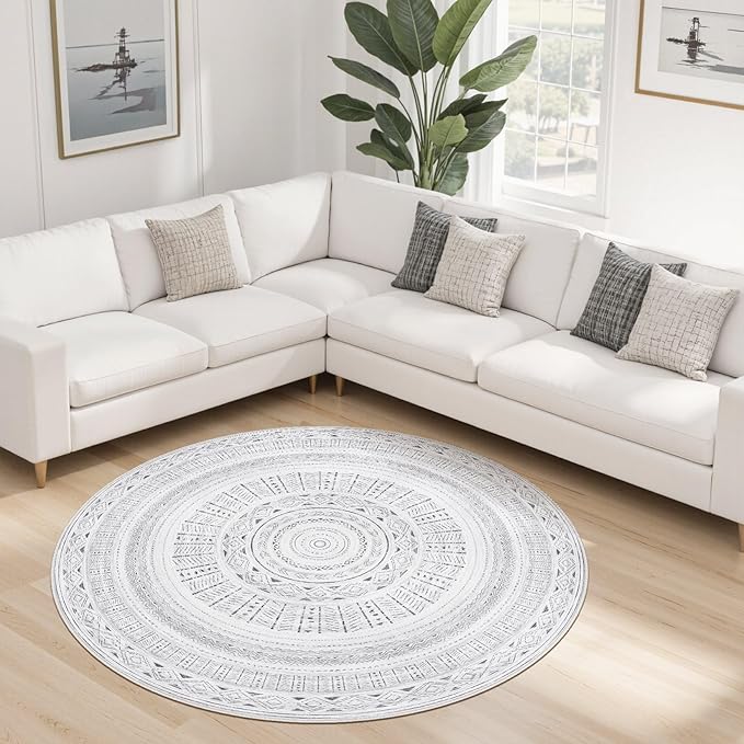 cotiled 5x5 Round Area Rug Living Room: Washable Boho Rugs with Non Slip Backing Large Soft Indoor Stain Resistant Carpet for Bedroom Farmhouse Dining Room Lightweight Home Decor Dark Grey