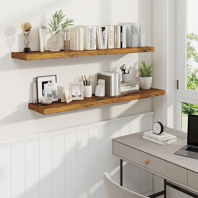 Fun Memories 48 Inch Brown Floating Shelves, 9.3 Inch Deep Wall Shelves for Living Room|Bedroom|Kitchen, Rusitc Wall Mounted Bathroom Shelves 2 Pack, Heavy-Duty Deep Shelf for Books,Decor