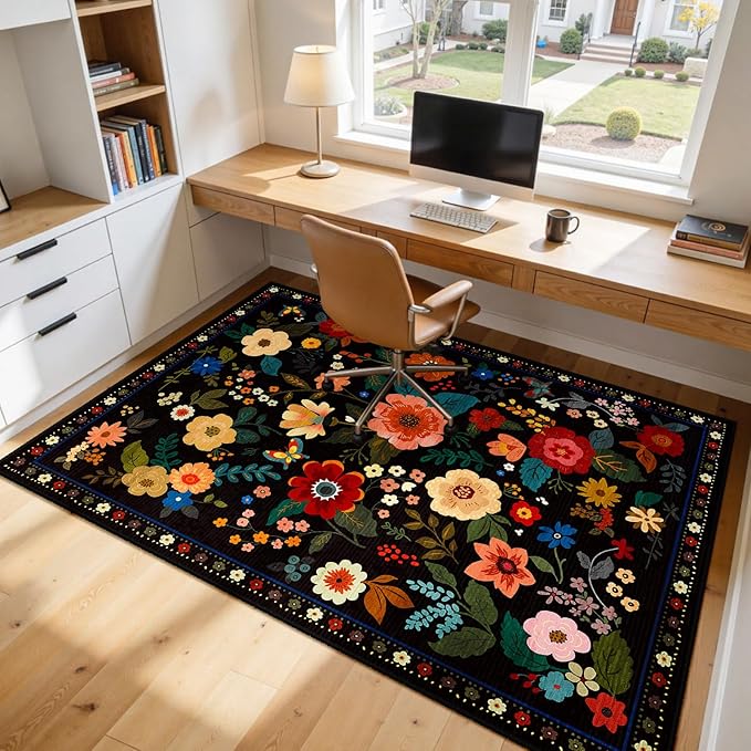 RELEANY Floral Nursery 7x9 Area Rugs Washable Print Boho Cute Carpet Non Slip Flower Low Pile for Living Room Kids Girls Playroom Bedroom Kitchen Office Farmhouse-Black