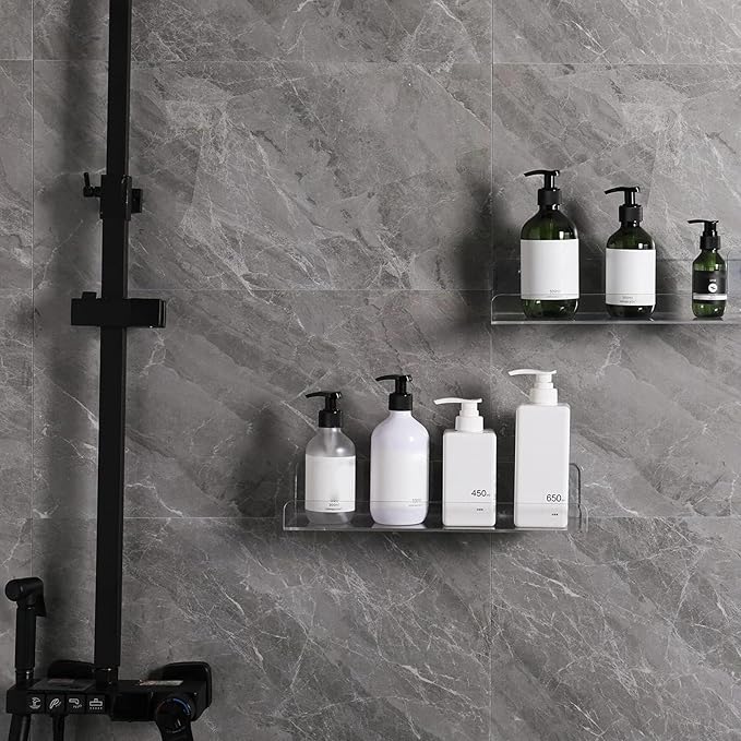 2pcs Acrylic Floating Shelves Adhesive Invisible Wall Shelf No Drilling Organizer for Bathroom Bedroom Clear Display Makeup Organizer