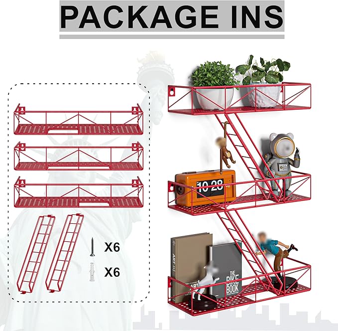Fire Escape Shelf - 3 Tier Red Fire Escape Wall Shelf with Basket Wall Organizer, New York Metal Decorative Shelves, DIY Floating Action Figurine Display Shelf for Bedroom