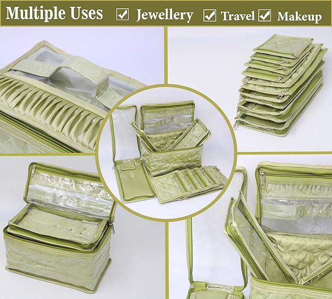 atorakushon Satin Makeup Kit Travel Jewelry Organizer Locker Box Pouches Clutch Bag for Necklaces Earrings Rings With 10 Pouch Bag Case Pista Green