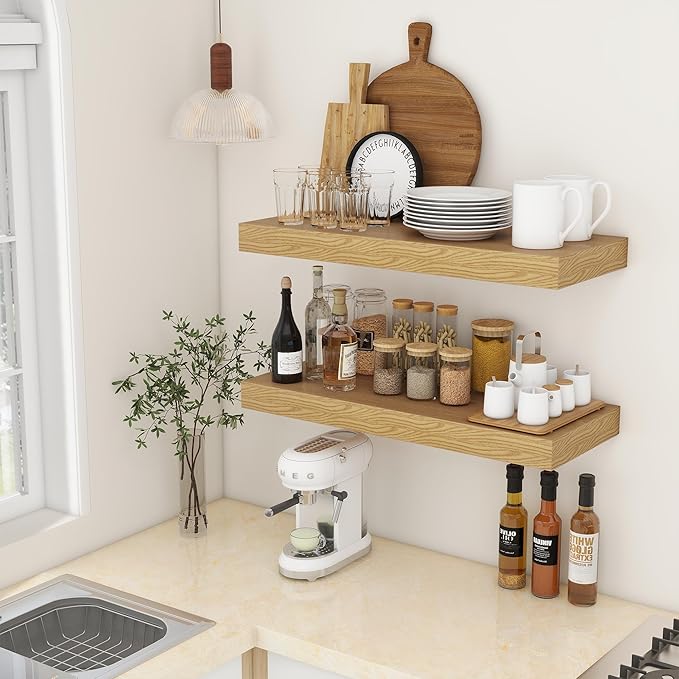 FLYJOE 30 Inch Floating Shelves | 12 Inch Deep Oak Floating Shelves Set of 2 | 30" W x 12" D Rustic Wood Shelves for Wall | Deep Oak Shelves for Living Room Bathroom Laundry Room Kitchen