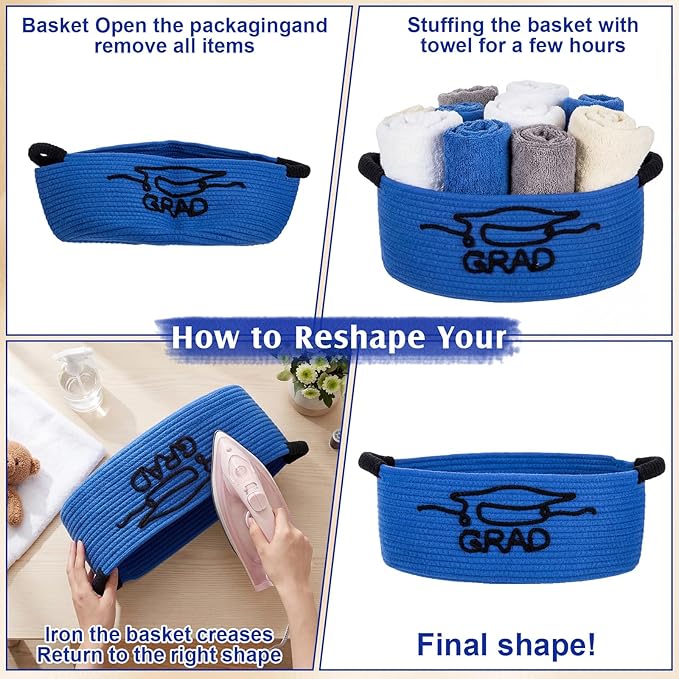 Colingmill 2026 Graduations & Nurses Week Gift Basket Empty to Fill, Woven Rope Basket 15" x 11" x 6" Decorative Storage Baskets with Gift Bag, Bow, Tissue Paper & Year Charm(Blue,Black,Graduation)
