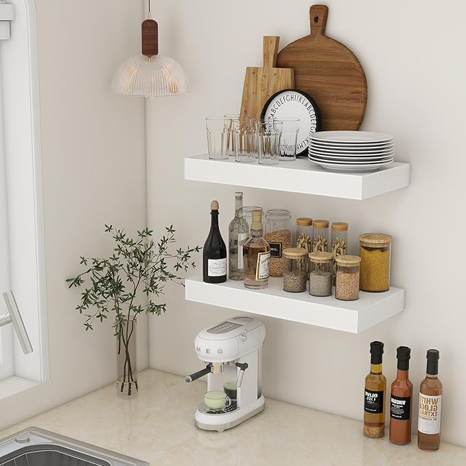 FLYJOE Deep Floating Shelves | 24 Inch White Floating Shelves Set of 2 | 12 Inch Deep Rustic Wood Shelves for Wall | 24" W x 12" D White Shelves for Living Room Bathroom Laundry Room Kitchen