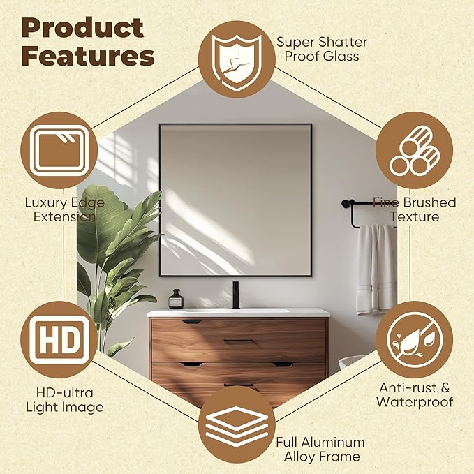 Antok 36x36 Black Metal Framed Bathroom Mirror, Wall Mirror with Rect Corners, Vanity Mirror for Over Sink, Anti-Rust Tempered Glass, Horizontal/Vertical Hanging for Bathroom, Living Room, Entryway