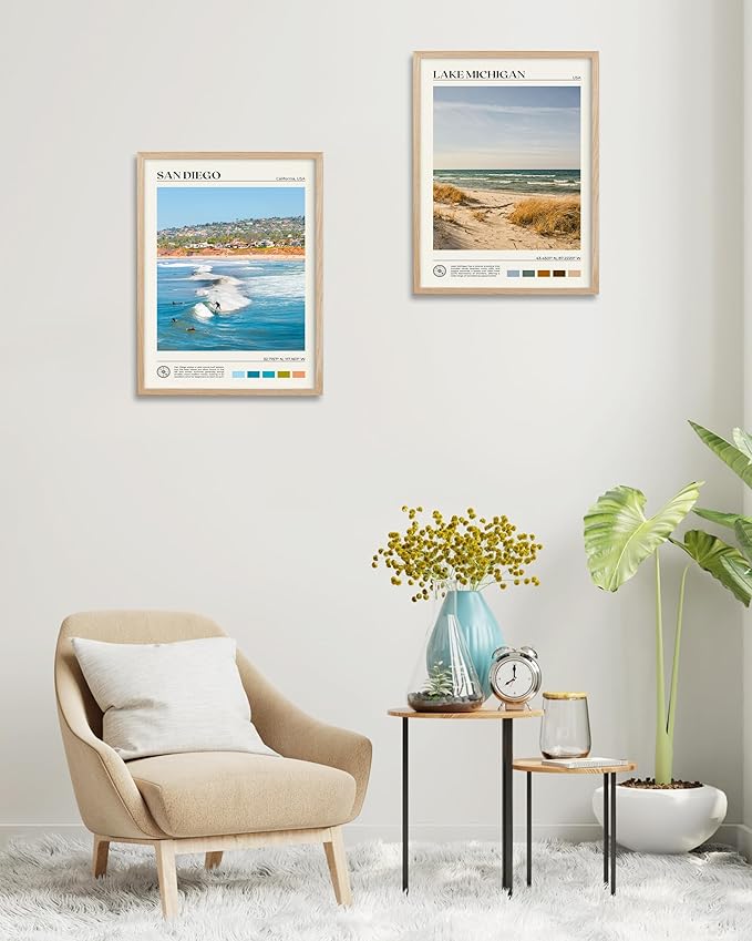 HesenDot Natural OAK Wood San Diego Surfing Framed Wall Art,12x16in Natural Seascape Canvas Wall Print,Classic Urban Landmark Wall Decor for Living Room,Bedroom,Office Gallery Gifts Set of 1