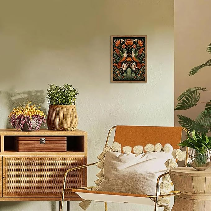 Framed Mexican Hummingbird Wall Art, Vintage Birds Animal Canvas Wall Decor Painting, Colorful Floral Cactus Botanical Poster Print Picture for Living Room Bedroom Bathroom 12x16 Inch