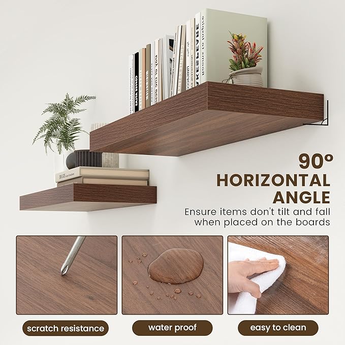 FLYJOE 30 Inch Floating Shelves | 12 Inch Deep Walnut Floating Shelves | 30" W x 12" D Rustic Wood Shelves for Wall | Deep Walnut Shelves for Living Room Bathroom Laundry Room Kitchen