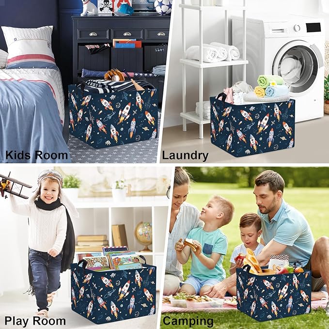 Clastyle Cosmic Space Kids Book Storage Basket Planet Clothes Laundry Basket Parents Gift Toy Box for Bedroom Shower, Rocket, 40x30x30 cm