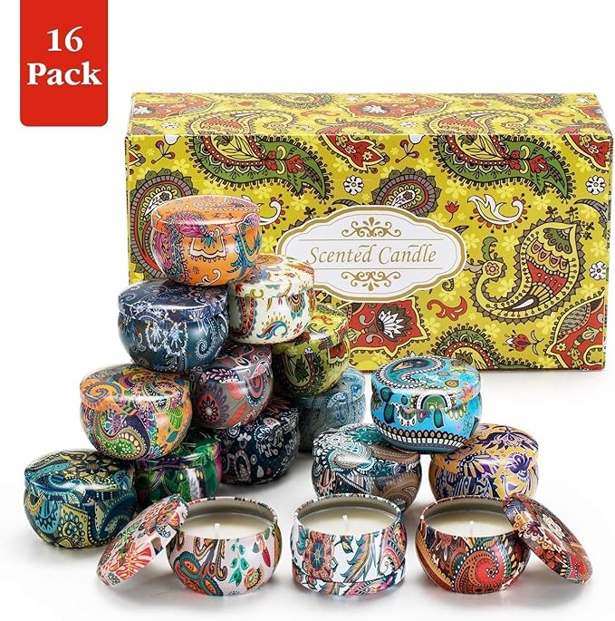 Howemon Scented Candles Gift Set, Natural Soy Wax Portable Travel Tin with Strongly Fragrance Essential Oils for Stress Relief and Aromatherapy - 16 Pack