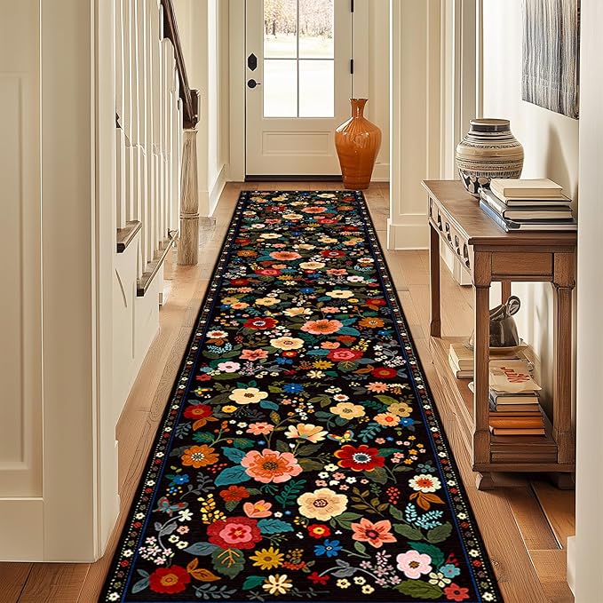 RELEANY Floral Nursery 2x8 Area Rugs Washable Print Boho Cute Carpet Non Slip Flower Low Pile for Living Room Kids Girls Playroom Bedroom Kitchen Office Farmhouse-Black