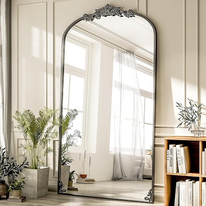 GLSLAND Vintage Mirror - 72"x 44" Full Length Mirror Large Carved Arched with Metal Frame Baroque Full Body Mirrors for Bathroom/Living Room/Entryway,Black