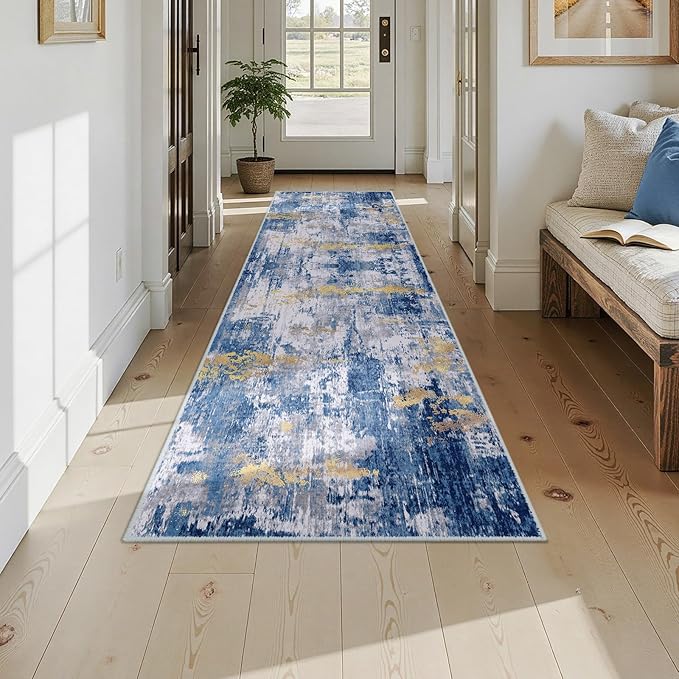RELEANY Washable Area Rugs 2'6"x10 Non-Slip Modern Abstract Soft for Living Room Entryway Bedroom Nursery, Print Pattern, Grey Blue Gold/Golden