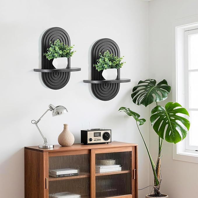 Heiple Set of 2 Boho Arched Floating Shelves 15.7”x 7.8”3D Wooden Hanging Shelf for Living Room Bedroom Nursery Mid Century Modern Wall Decor(Black, 11.7 * 15.7)