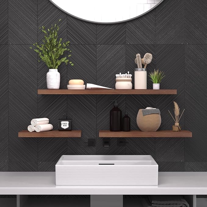 SAUMONIERES Floating Wall Shelves for Bedroom Bathroom Wall Mounted Solid Wood Shelf 24 Inch Set of 3, Walnut Floating Shelves