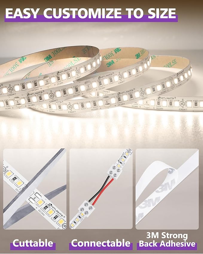 HitLights White LED Strip Lights Kit with Remote & 24V Power Supply, 16.4ft Dimmable Tape Light 4000K, 600 LEDs, 425 lm/ft, CRI 90+, IP30, UL Listed, Lighting for Living Room, Kitchen, Under Cabinets