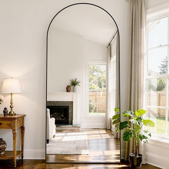 76"x34" Arched Full Length Mirror with Stand, Free Standing Leaning Wall Mounted Aluminum Alloy Frame Mirror for Bedroom Living Room Cloakroom, Black