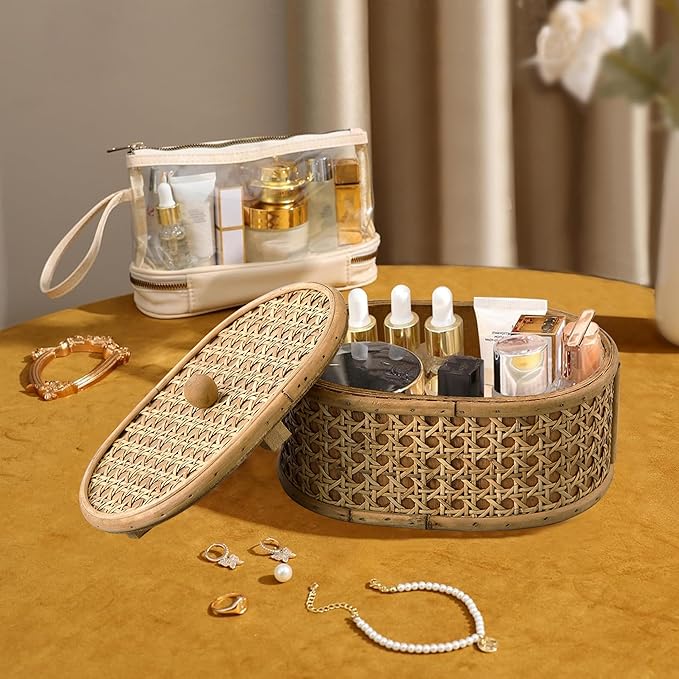 SOFE Rattan Decorative Box with Lid, Small Oval Box for Storage, Hand-Woven Display Boxes for Organizing Jewelry, Candies, Snacks, Keys, Farmhouse & Boho & Modern Home Decor, Dresser Decor