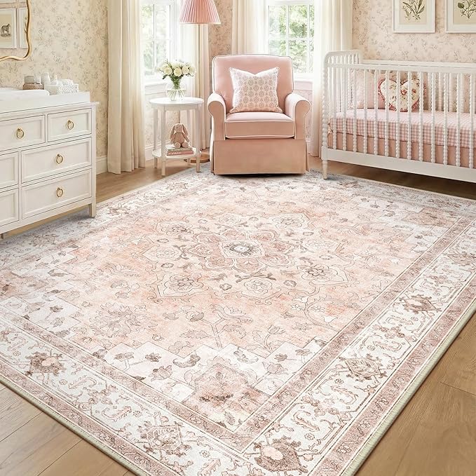 CAPALOCA Machine Washable Rugs Nursery Rug 6x9 Cute Girl Non Slip Low Pile Water Repellent Soft Print Pattern for Bedroom Indoor Decor Kids Playroom Pink