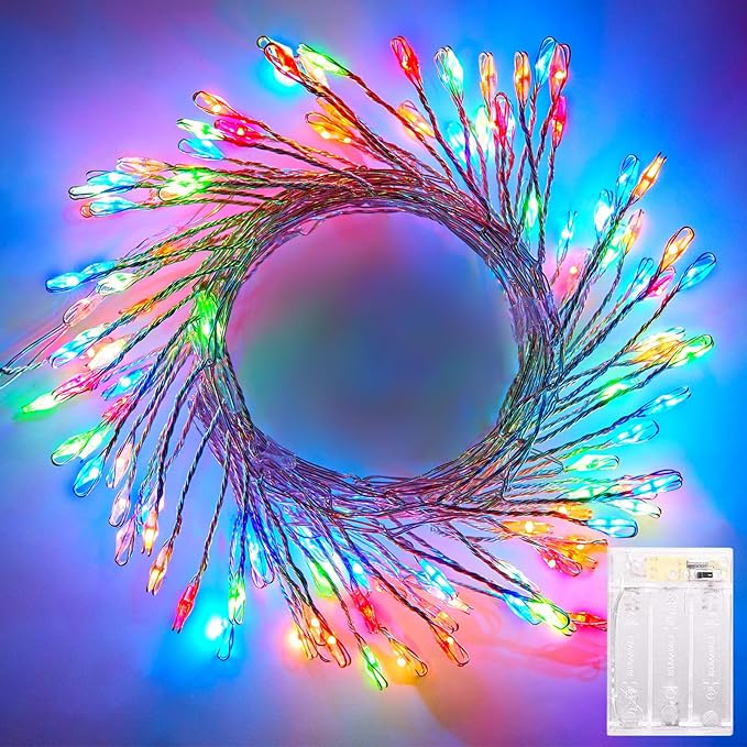 Battery Operated Fairy Lights, 10Feet 120LEDs Firecracker String Lights Waterproof Silver Wire Starry Firefly Lights for DIY Wreath Home Wedding Indoor Outdoor Christmas Decorations, Multicolor