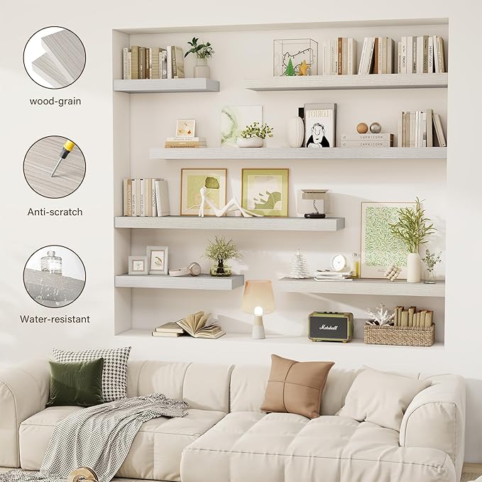 Acovy 12 Inch Floating Shelves, 12" Deep Floating Shelf Wall Mounted, 12" Wall Shelves, Rustic Deep Bookshelf, Extra Deeper Display Shelves & Storage Shelves for Bedroom, Living Room, Set of 3