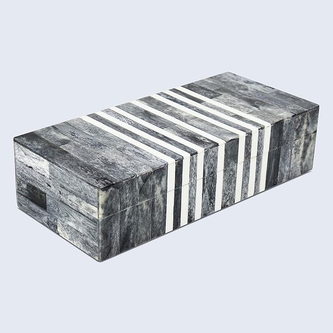 Handicrafts Home Decorative Storage Box with Lid, Patisserie Cafe Stripe Pattern Coffee Table Storage Box Organizer, Wooden Keepsake Jewelry Box, Kitchen Counter Console Box, Grey & White, 10x4.5x2.5