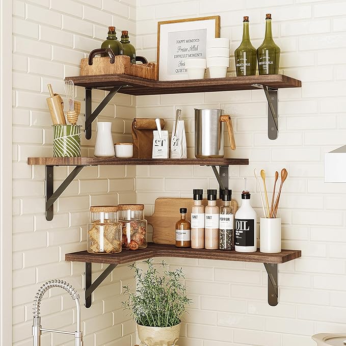 Fixwal Corner Floating Shelves for Wall, Rustic Wood Wall Mounted Shelf for Bathroom, Kitchen, Bedroom, Home Decor, Laundry Room, Living Room, Set of 5 (Dark Carbonized Black)