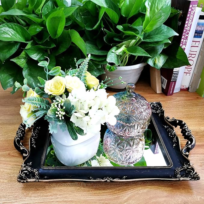 Rectangle Decorative Mirror Tray, French Style, Makeup Organizer, Jewelry Organizer, Serving Tray, 9.5"x 14.9", Silver Black