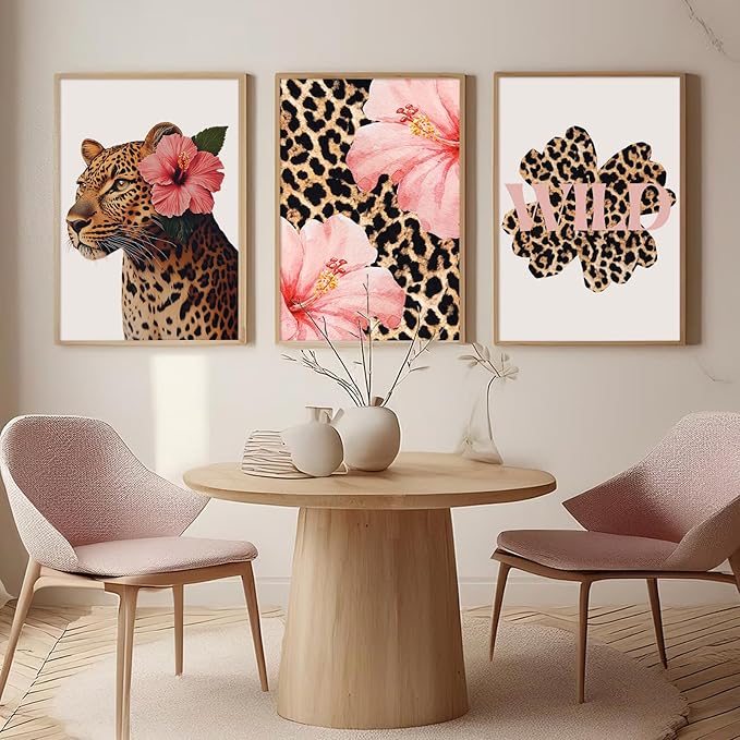 Trendy Leopard Wall Art Pink Cheetah Print Room Decor Leopard Flower Canvas Wall Decor Cheetah Aesthetic Poster Girly Pink Preppy Picture Funky Y2k Artwork for Girl Bedroom 16x24x3 Inch Unframed