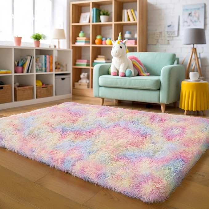 KICHOWUA Thick Area Rug 5x7 Rainbow Fluffy Shag for Girls Bedroom,Ultra Soft Unicorn Plush Fuzzy Washable Thickened Non-Slip Carpet, Pastel Furry Shaggy Rug for Living Room Kids Boys Nursery Dorm