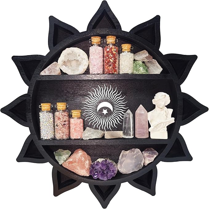 Crystal Shelf Display for Wall, Crystal Display Shelf Chakra Wooden Lotus Flower Crescent Moon Shelf Wall Decor, Decorative Home Floating Shelf Stone Storage Gem Holder Boho Hanging Organizer