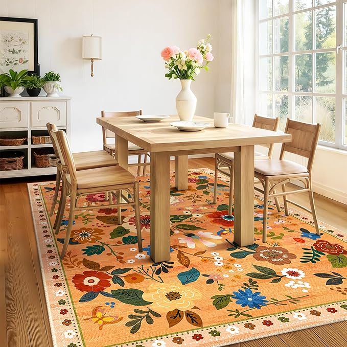 RELEANY Floral Nursery 6x9 Area Rugs Washable Print Boho Cute Carpet Non Slip Flower Low Pile for Living Room Kids Girls Playroom Bedroom Kitchen Office Farmhouse-Yellow/Orange