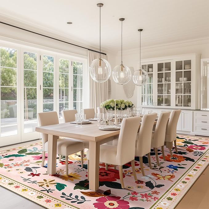 RELEANY Floral Nursery 9x12 Area Rugs Washable Print Boho Cute Carpet Non Slip Flower Low Pile for Living Room Kids Girls Playroom Bedroom Kitchen Office Farmhouse-Pink