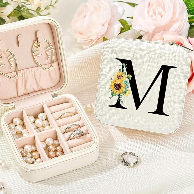Sunflower Jewelry Case,Sunflower Gifts for Women,Initial S Travel Jewelry Box,Valentine's Day Gift Easter Personalized Gifts for Teen,Mom,Wife,Bridesmaids,21st Birthday Gift for Her