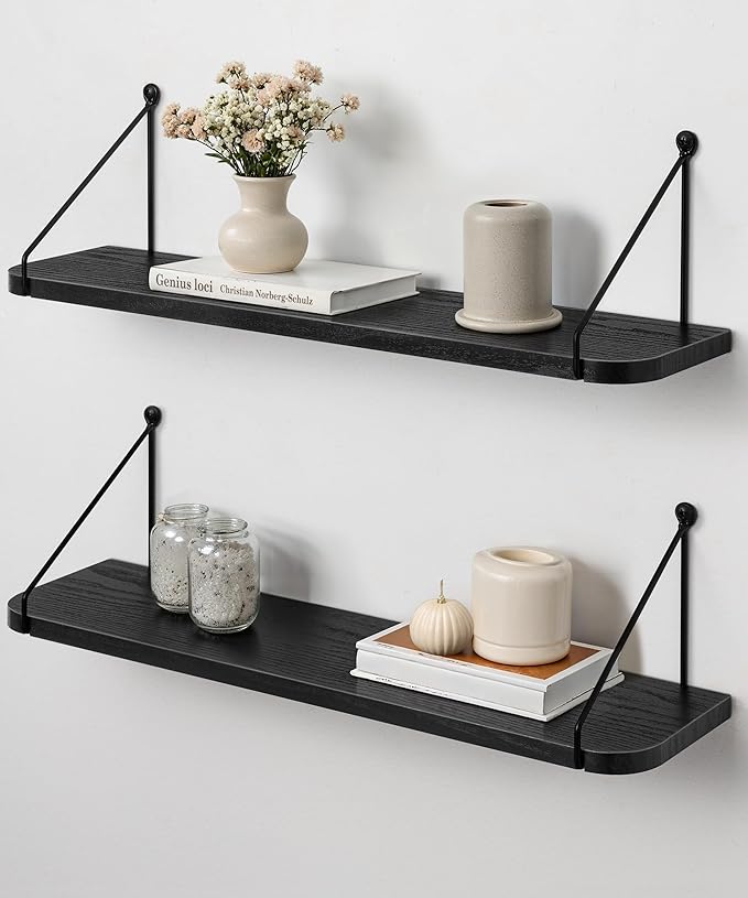 Afuly 24in Floating Shelves for Wall, Black Wooden Shelves with Triangular Brackets for Bathroom, Living Room, Bedroom, Kitchen, Home Wall Decor, Set of 2