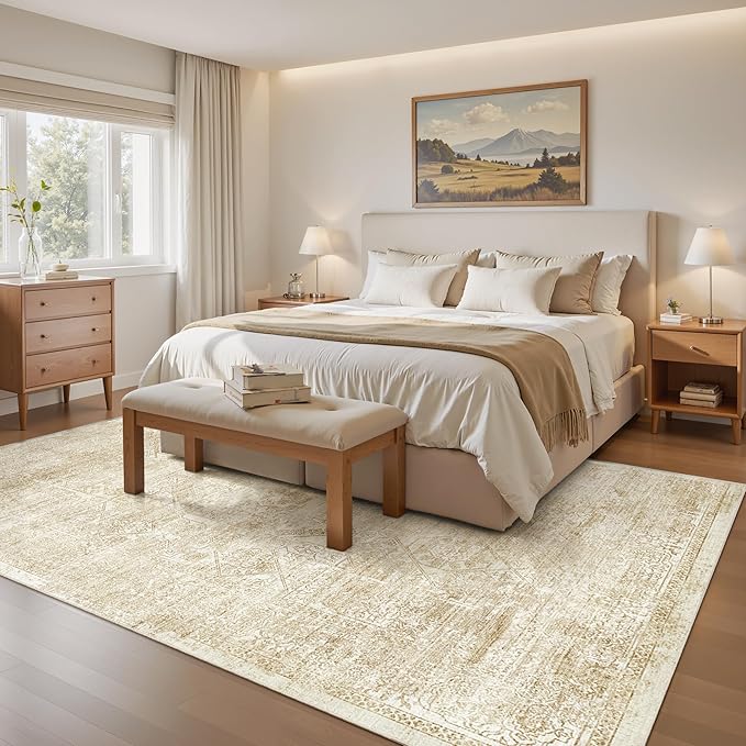 Soalmost 5x7 Area Rugs Beige Low Pile Indoor Washable Trendy Faded Style Floral Rugs for Bedroom Living Room Dining Room Foldable Non-Slip Thin Print Mat