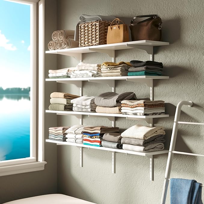 Wallniture Turin 48"x10" Floating Shelves for Wall Storage, Closet Storage Shelves, Book Shelf with Adjustable Standard Rail Bracket System for Pantry & Laundry, White, Wood