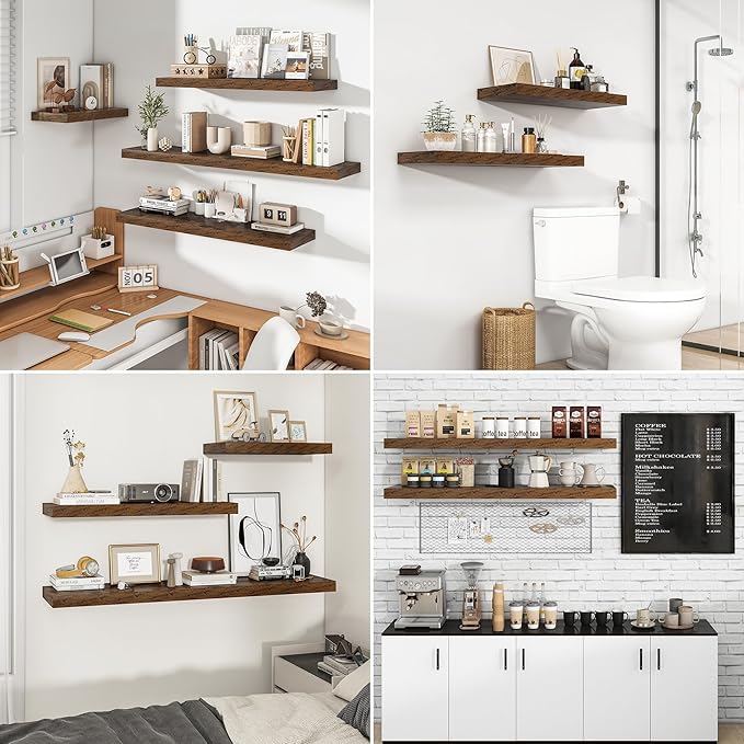 RICHFOCUS 24Inch Floating Shelves for Wall 2 Pack Shelves for Bedroom|Kitchen|Bathroom Wall Mounted Rustic Wood Floating Shelf with Invisible Brackets for Books|Storage|Decor, Rustic Brown