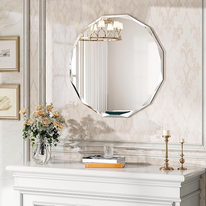 30 Inch Large Faceted Round Wall Mirror, Diamond-Beveled Circle Bathroom Mirror with Solid Backing, Big Sparkle Decor Mirror for Living Room, Fireplace & Master Vanity