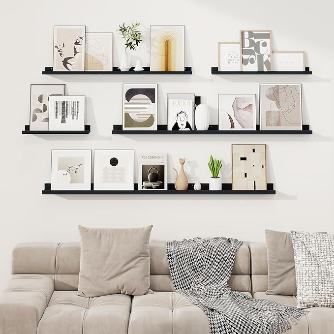 RICHFOCUS Picture Ledge Shelf, 36 inch Floating Shelves Set of 2, Wood Wall Shelves with Lip, Wall Decor Storage for Bedroom Living Room Bathroom Kitchen Nursery Photo Picture, Black