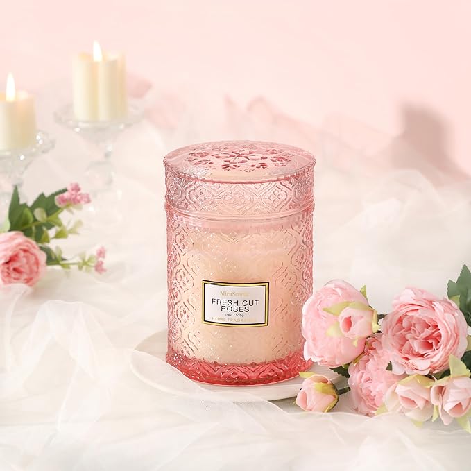 Rose Scented Candles, Valentine Pink Decorative Glass Candle, Valentine Candles Gifts for Women, Natural Soy Wax for Home Fragrance, 19oz