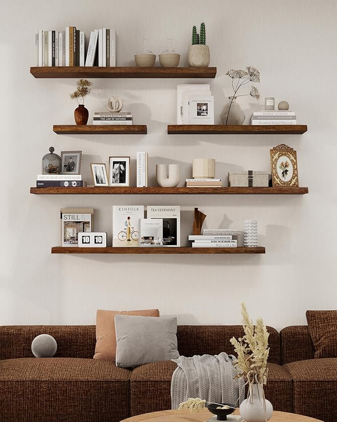 Axeman 36" Solid Wood Floating Shelves for Wall Decor, USA-Sourced Rustic Ash Wood Live Edge Shelf with Upgraded Heavy Invisible Bracket, Wall Mounted Shelf for Kitchen Bathroom Living Room, Walnut